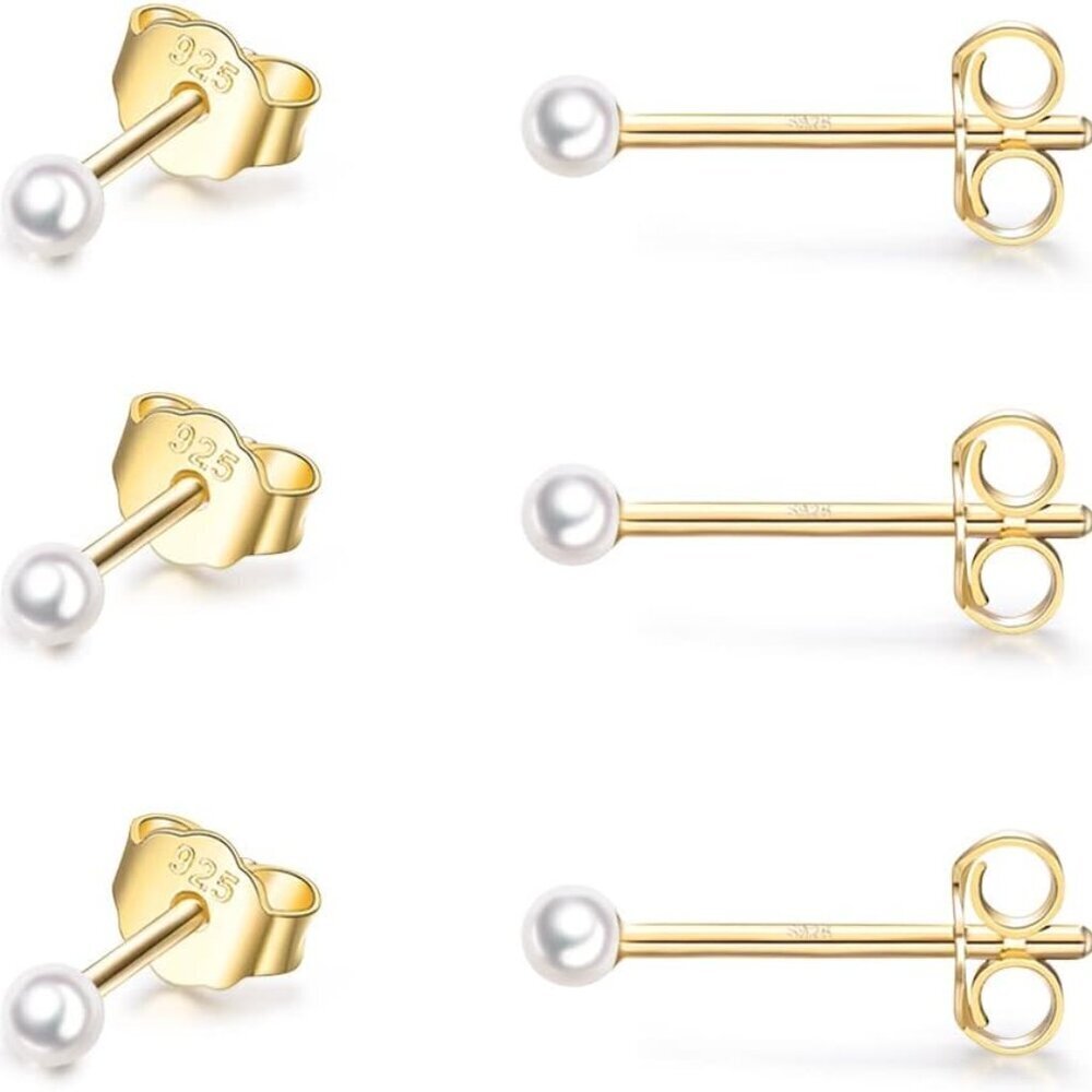 Sterling Silver Stud Earrings Set 3 Pairs 2mm Pearl CZ Dainty Classic Gift
